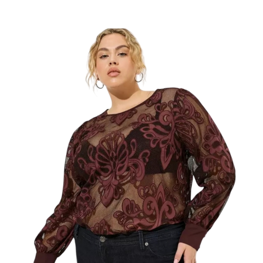 New Whimsi Womens Size 3X Mesh Embroidered‎ Sheer Fairycore Career Romantic Top